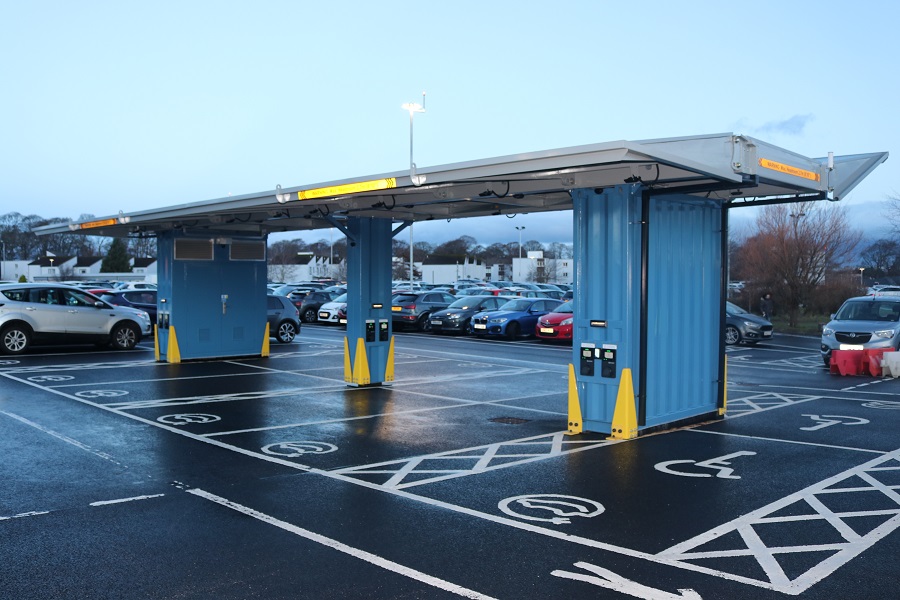 Raigmore hospital welcomes Scotland’s first of its kind ‘pop-up’ solar car park and EV charging hub